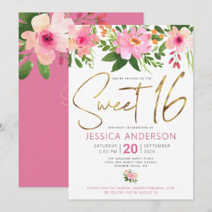 Invitación Dulces 16 Letras Doradas Rosadas Florales Acuarela