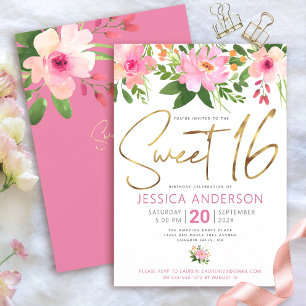 Invitación Dulces 16 Letras Doradas Rosadas Florales Acuarela