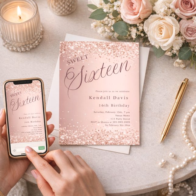Invitación Dulces 16 letras modernas en oro rosa (Subido por el creador)