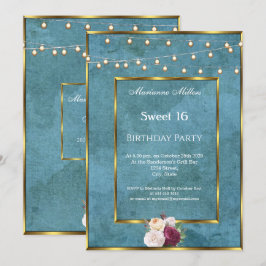 Invitación Dulces 16 Luces de Hadas Azules Turquesa Doradas R