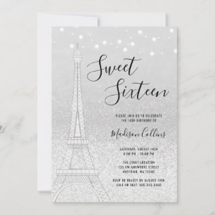 Invitación Dulces 16 Luces de Purpurina de Plata de París