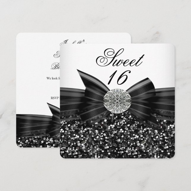 Invitación Dulces 16 Lujo Brillo Arco Plateado Negro Blanco (Anverso / Reverso)