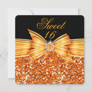 Invitación Dulces 16 Lujo Brillo Naranja Dorado Negro Fiesta