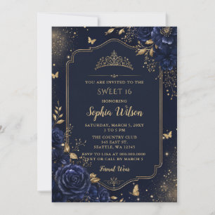Invitación Dulces 16 Mariposa Floral Dorado Azul Marino