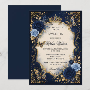 Invitación Dulces 16 Mariposa Floral Dorado Azul Marino