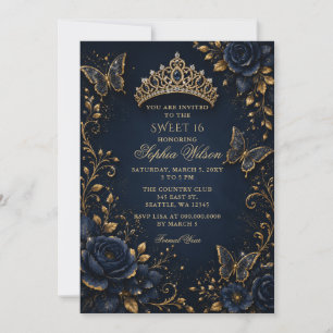 Invitación Dulces 16 Mariposa Floral Dorado Azul Marino