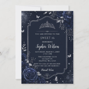 Invitación Dulces 16 Mariposa Floral Plata Azul Marino
