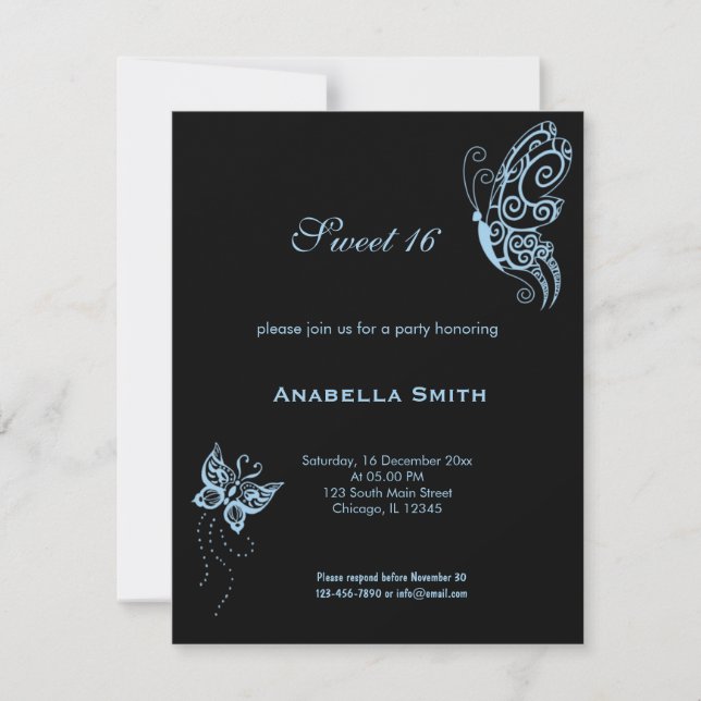 Invitación Dulces 16 Mariposas Azul Cielo Claro (Anverso)
