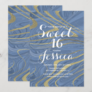 Invitación Dulces 16   Mármol Líquido Quince L Azul Falso Oro