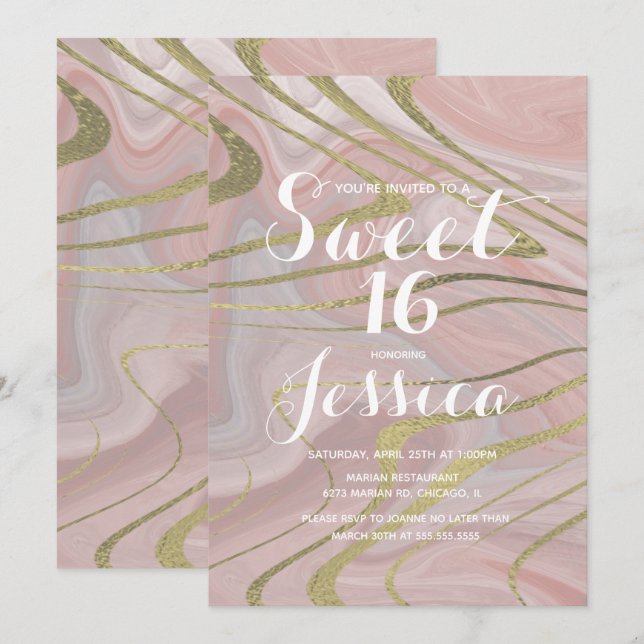 Invitación Dulces 16 | Mármol Quince Líquido Rosa Falso Oro (Anverso / Reverso)