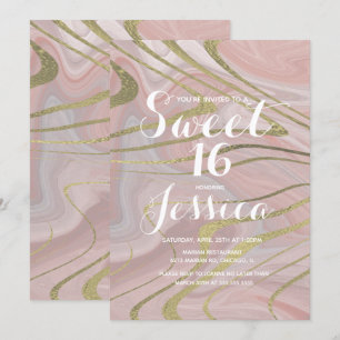 Invitación Dulces 16   Mármol Quince Líquido Rosa Falso Oro