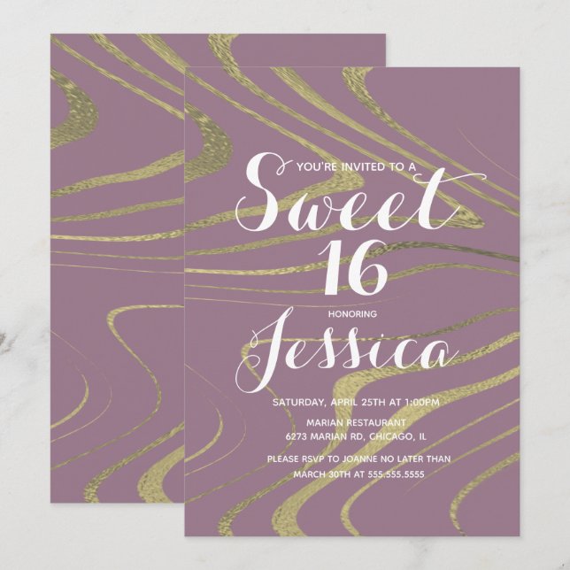 Invitación Dulces 16 | Mármol Violeta Cebra Falso Dorado (Anverso / Reverso)