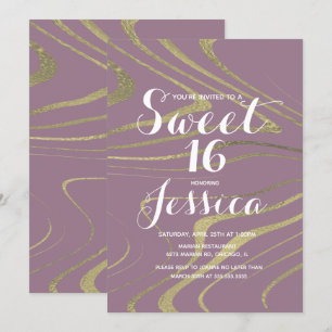 Invitación Dulces 16 Mármol Violeta Cebra Falso Dorado