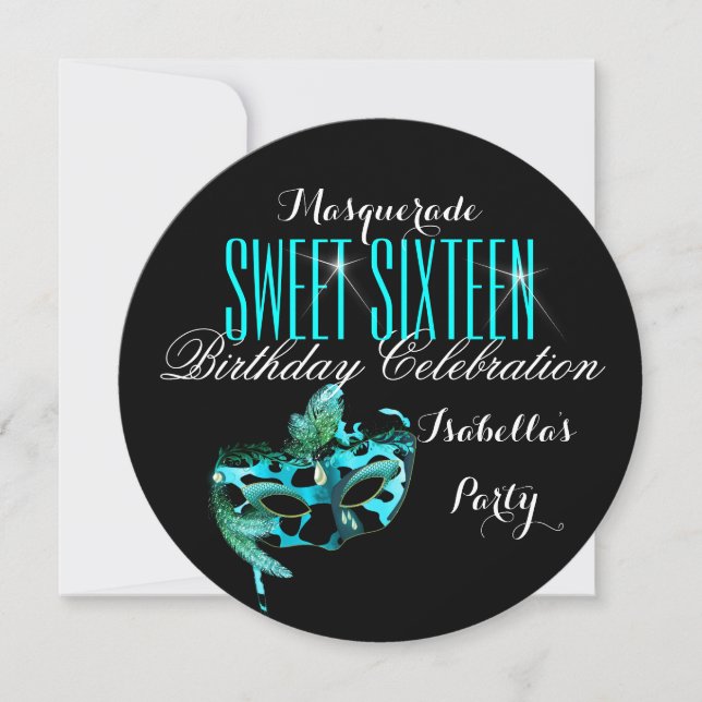 Invitación Dulces 16 Máscara Azul Teal Fiesta de Cumpleaños d (Anverso)