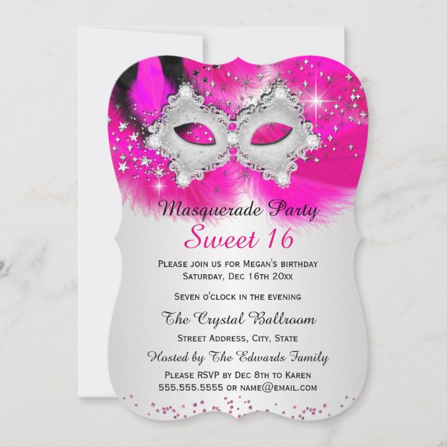 Invitación Dulces 16 Máscara de Encaje Rosa Plateado Mascarad (Anverso)