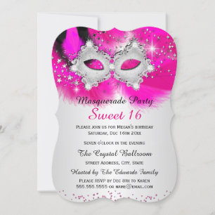 Invitación Dulces 16 Máscara de Encaje Rosa Plateado Mascarad