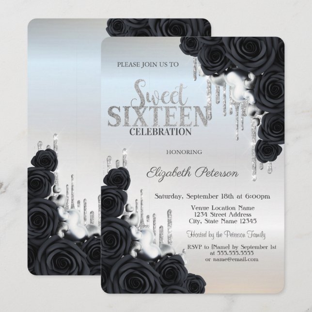 Invitación Dulces 16 Modernos con Brillo Negro Rosas Plata (Anverso / Reverso)