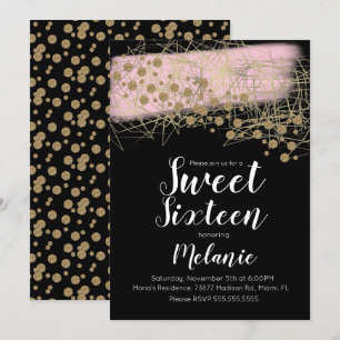 Invitación Dulces 16 Modernos Rosita Gold Geométrico Negro