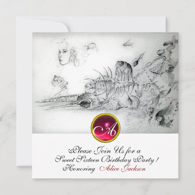 Invitación DULCES 16 ,Monograma Ruby Blanco negro (Anverso)