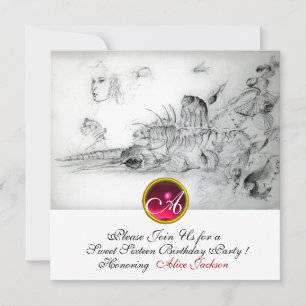 Invitación DULCES 16 ,Monograma Ruby Blanco negro