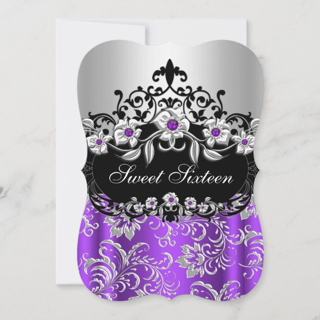 Invitación Dulces 16 Morado Plateado Negro Floral Joya Fiesta (Anverso)