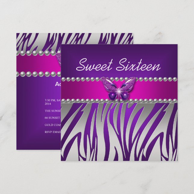 Invitación Dulces 16 Morado Rosa Cebra Mariposa de Plata (Anverso / Reverso)