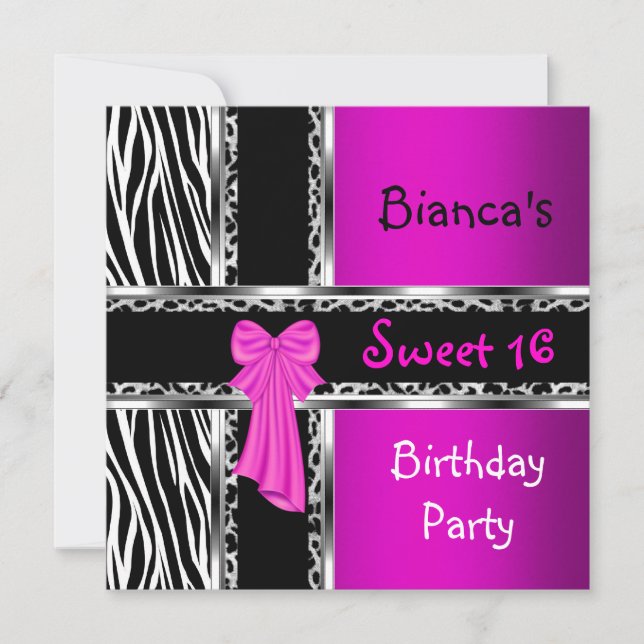 Invitación Dulces 16 Morado Rosa Plata Negro Cebra Leopardo (Anverso)