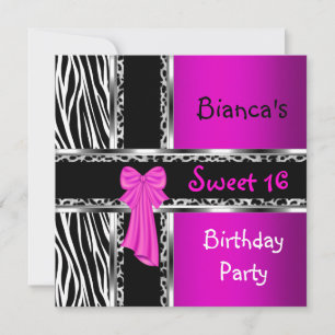 Invitación Dulces 16 Morado Rosa Plata Negro Cebra Leopardo