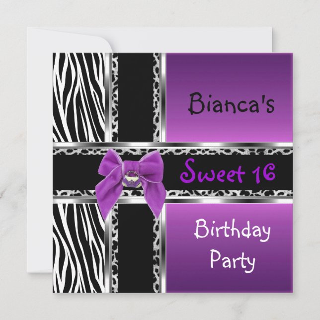Invitación Dulces 16 Morado Rosa Plateado Negro Cebra Leopard (Anverso)