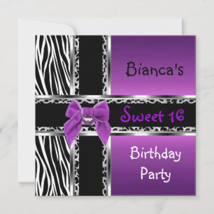 Invitación Dulces 16 Morado Rosa Plateado Negro Cebra Leopard