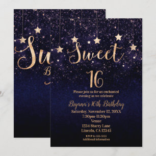 Invitación Dulces 16 Noche Estrellada Oro Púrpura Fiesta Bril