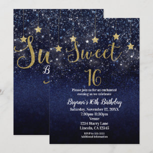 Invitación Dulces 16 Noches Estrelladas Oro Azul Brillo Fiest