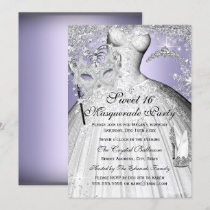 Invitación Dulces 16 Princesa de Mascarada de Plata y Púrpura