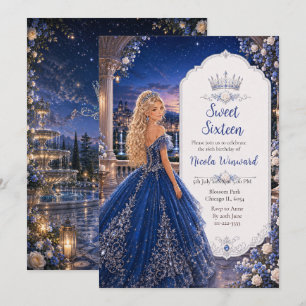 Invitación Dulces 16 Princesa Jardín Azul Medianoche