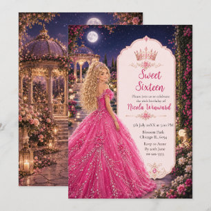 Invitación Dulces 16 Princesa Jardín Rosa a la Luz de la Luna