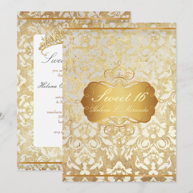Invitación Dulces 16 Princesa Perla Damask Pergamino Vintage (Anverso / Reverso)