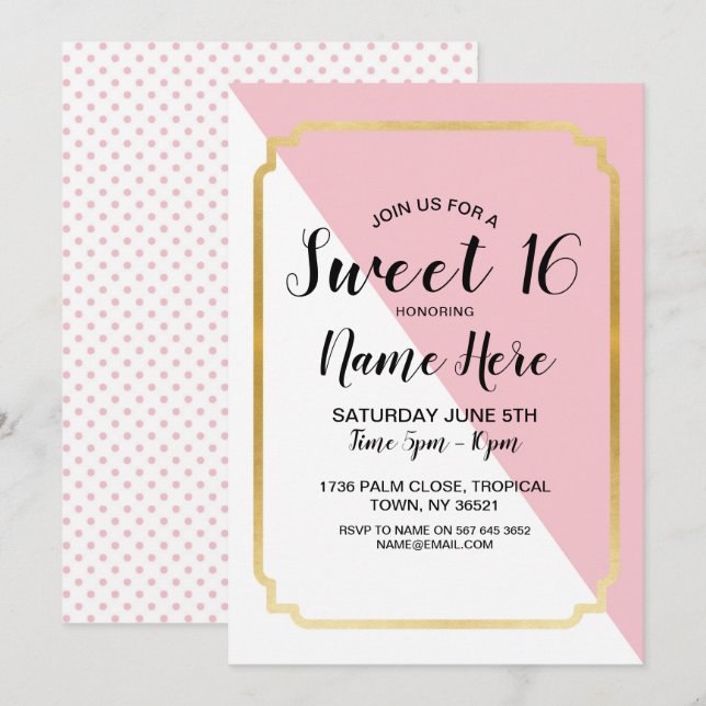 Invitación Dulces 16 puntos de elegancia de oro rosado de fie (Anverso / Reverso)