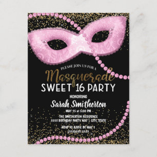Invitación Dulces 16 purpurina dorada y negra de máscara