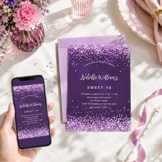 Invitación Dulces 16 purpurina rosa glamurosa (Subido por el creador)