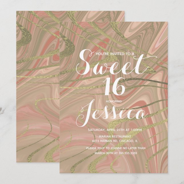 Invitación Dulces 16 | Quince Marble Blush Líquido Falso Oro (Anverso / Reverso)