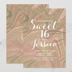 Invitación Dulces 16   Quince Marble Blush Líquido Falso Oro