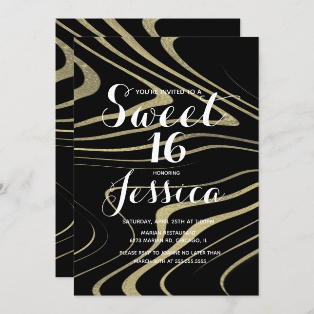 Invitación Dulces 16 | Quince Marble Liquid Faux Gold Zebra (Anverso / Reverso)