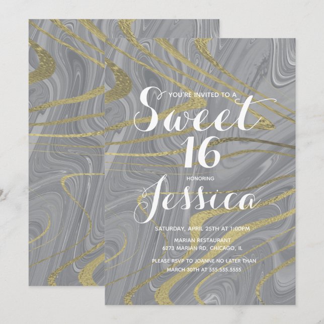 Invitación Dulces 16 | Quince Marble Liquid Gray Faux Gold (Anverso / Reverso)