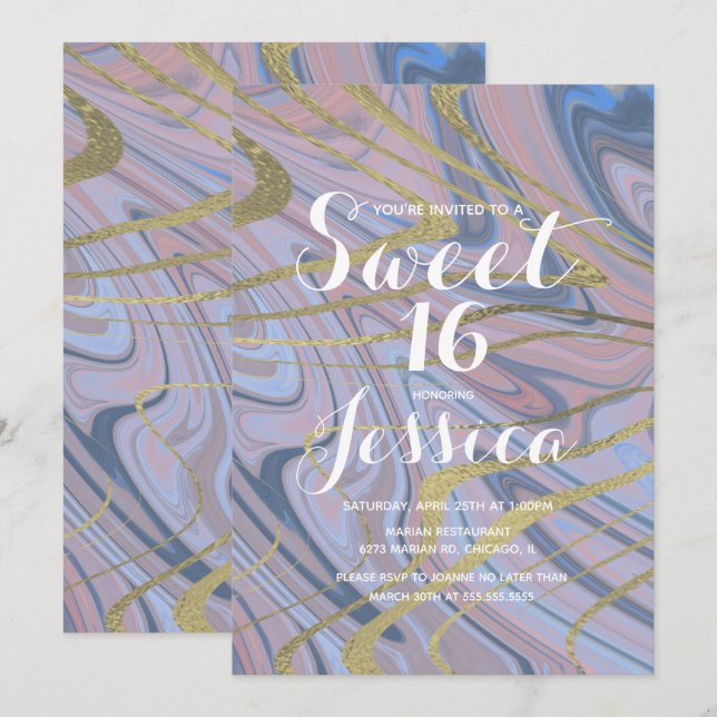 Invitación Dulces 16 | Quince Mármol Azul Líquido Rosa (Anverso / Reverso)
