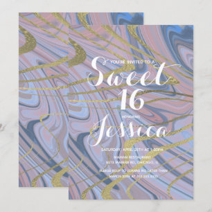 Invitación Dulces 16   Quince Mármol Azul Líquido Rosa