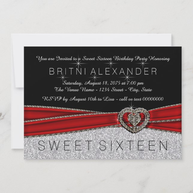 Invitación Dulces 16 Rojo, Negro y Plata Bonito (Anverso)