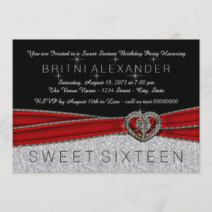 Invitación Dulces 16 Rojo, Negro y Plata Bonito