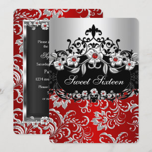 Invitación Dulces 16 Rojo Plata Negro Floral Joya Fiesta