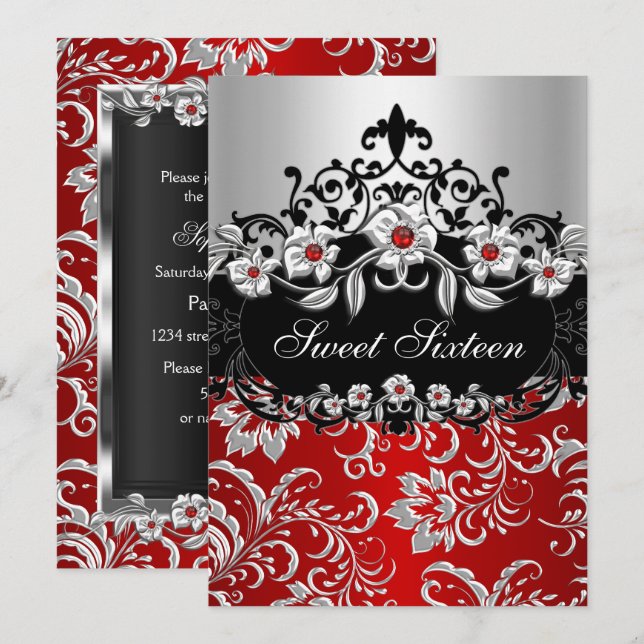 Invitación Dulces 16 Rojo Plata Negro Floral Joya Fiesta (Anverso / Reverso)