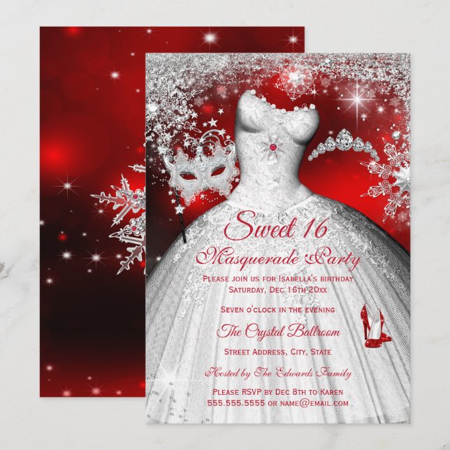 Invitación Dulces 16 Rojo Princesa Mascarada Fiesta de Plata (Anverso / Reverso)